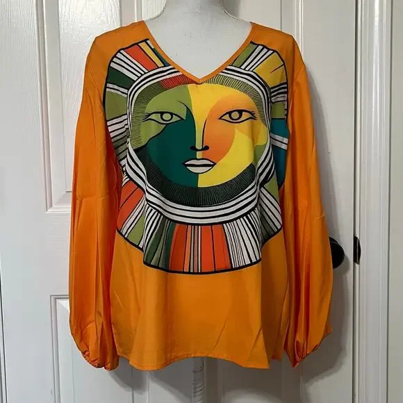 Uoozee Boho Abstract Artsy Sun Face Graphic Orange V Neck Balloon Sleeve Top - Picture 2 of 9